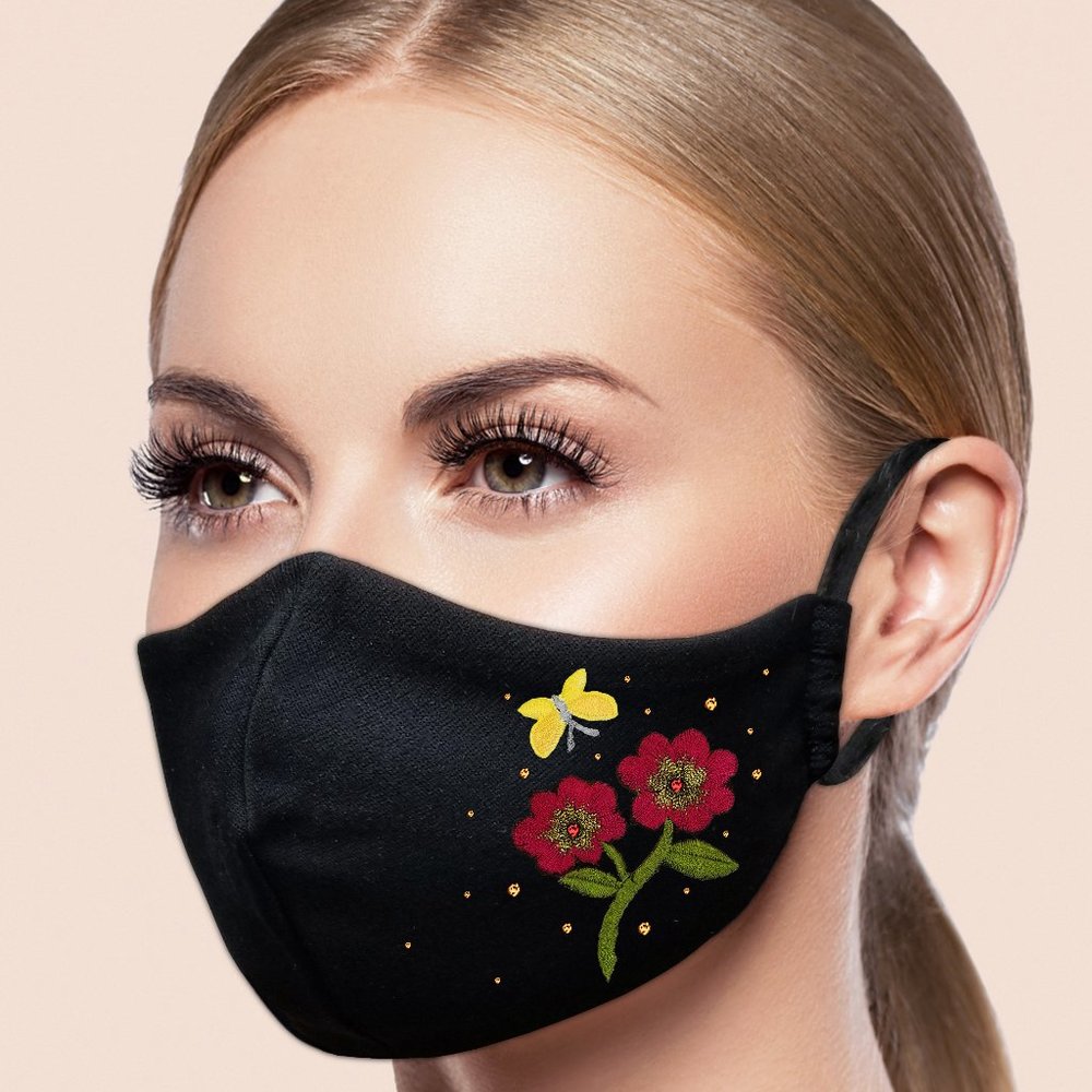 Custom Flower Face Mask Embroidery Rhinestones - Picture 1 of 5